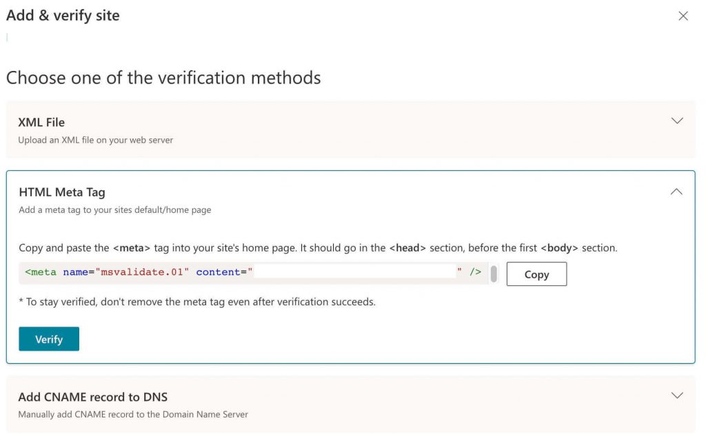Verify HTML tag on Bing